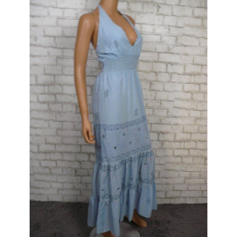 $300 Sky Blue Smocked Boho Silk Embroidered Tiered Halter Maxi Dress XS NEW - Picture 3 of 9